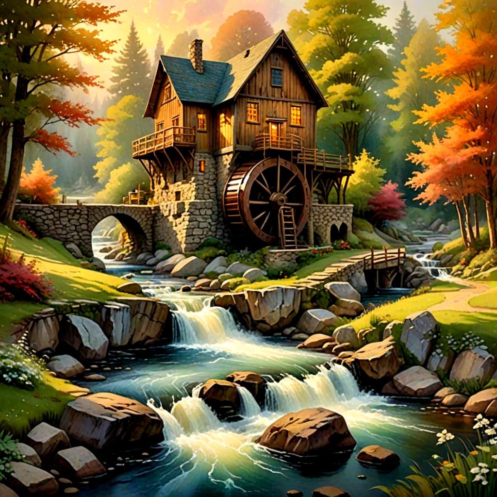 Rustic Grist Mill with Ethereal Waterwheel