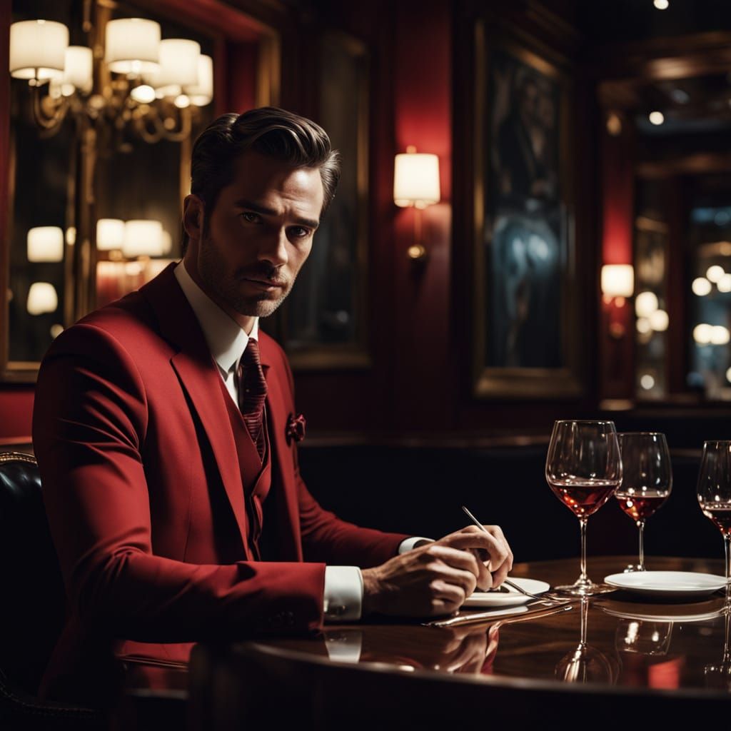 Man in Red Suit at Fancy Restaurant Film Still