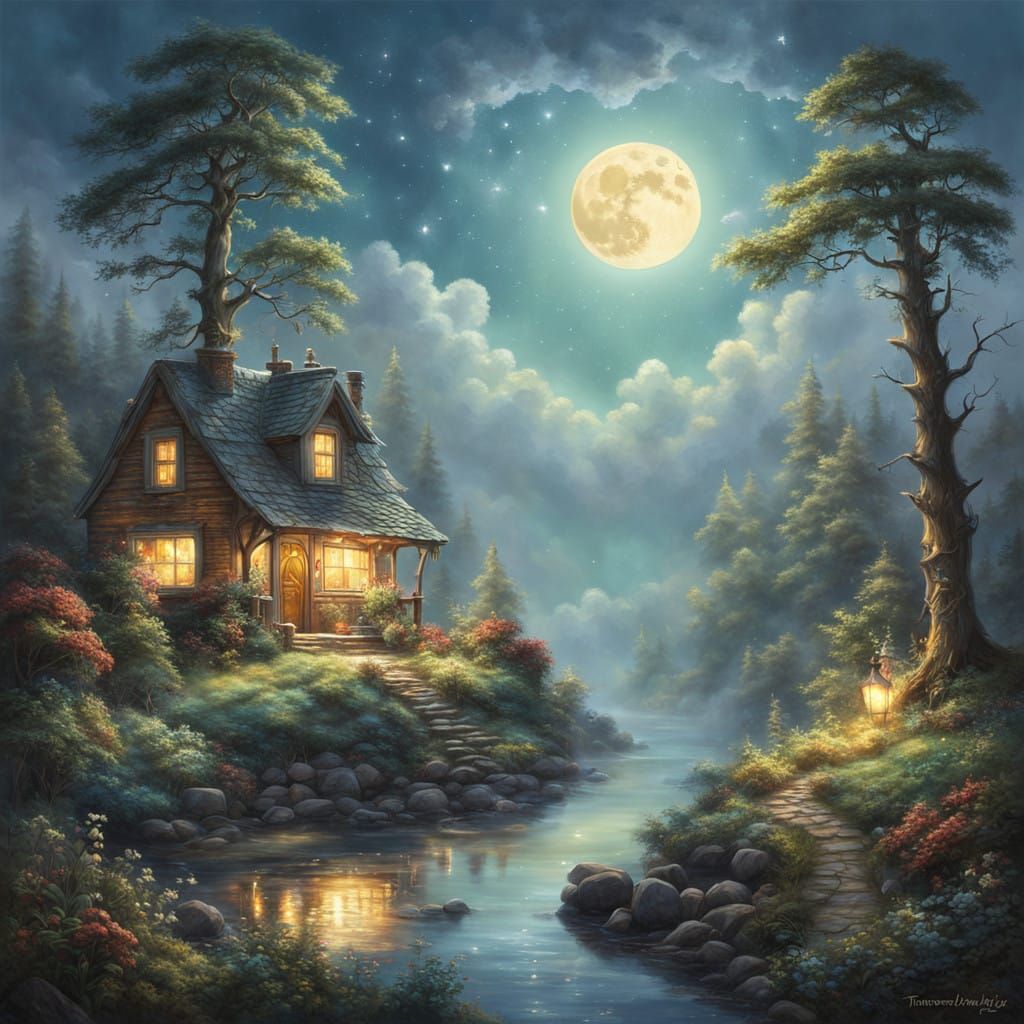 Mystical Forest Under Moonlight in Ethereal Fantasy Style