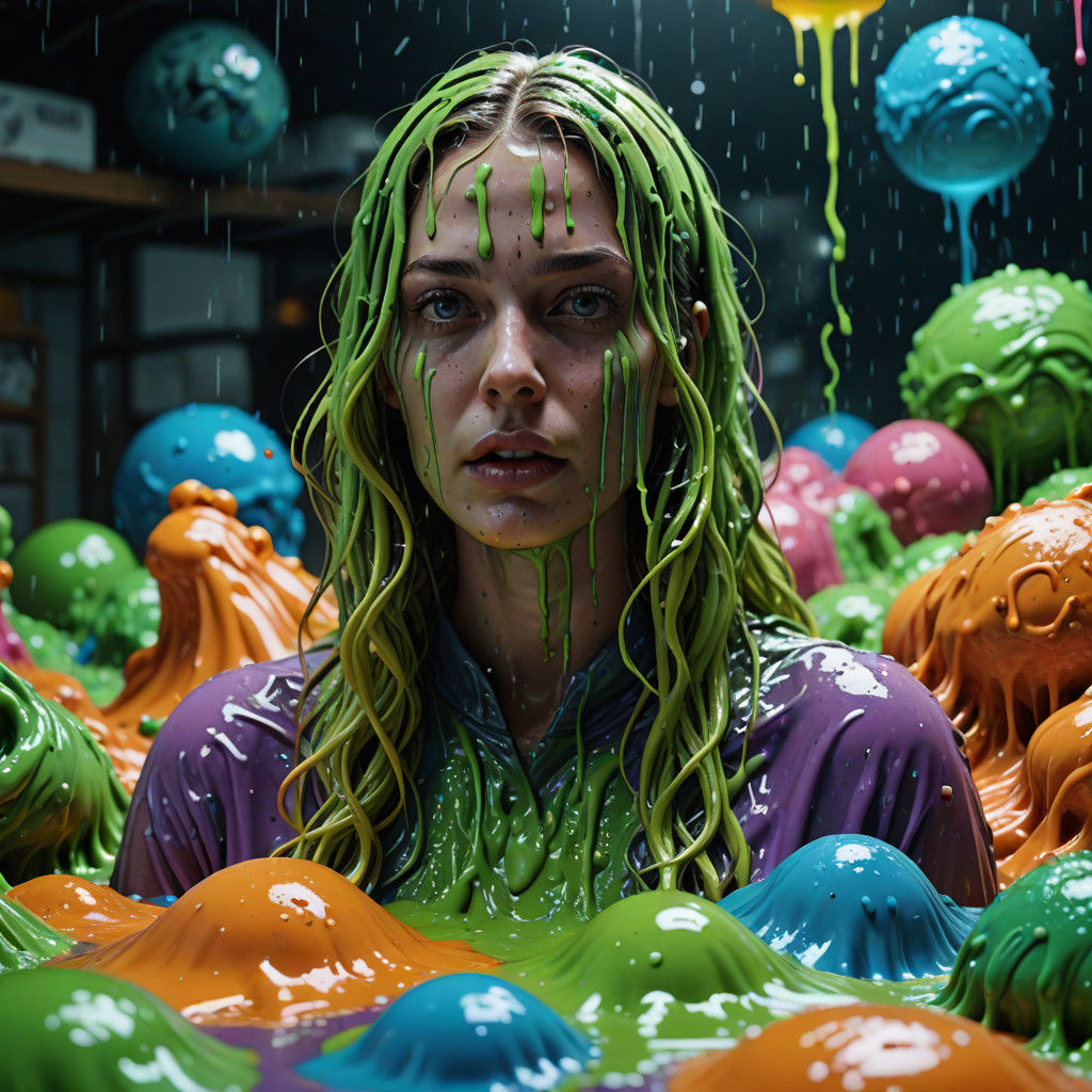 Woman Submerged in a Vast Slime Ocean with Iridescent Hues a...