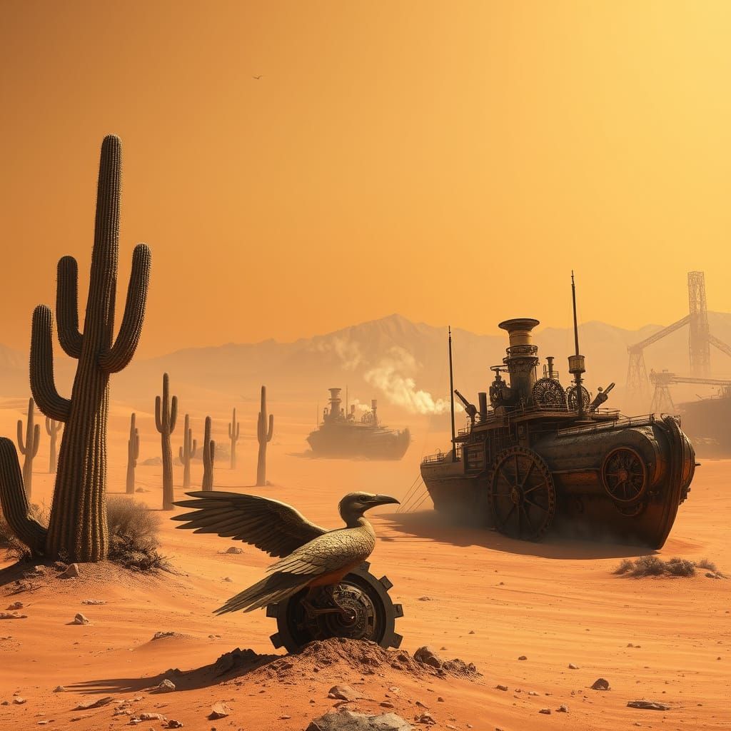 Steampunk Desert Landscape with Cacti and Land-Ship