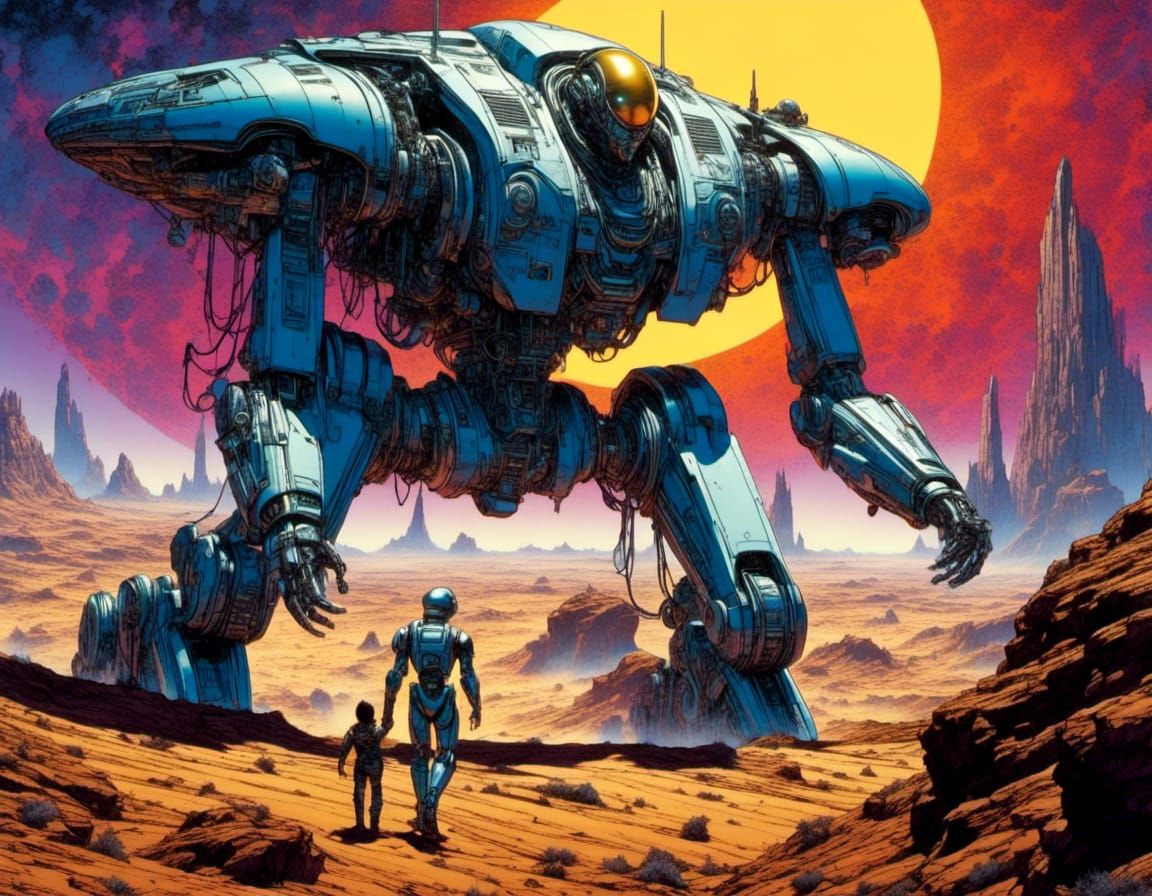 Robot Savior on Alien World in Comic Book Style