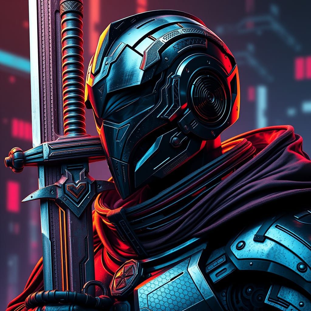 Cyberpunk Armored Man with Sword in Dark Fantasy Style