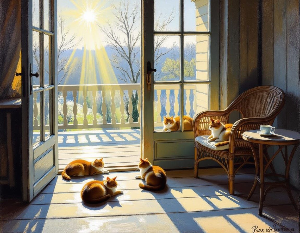Cats Basking in Spring Sunlight on a Veranda