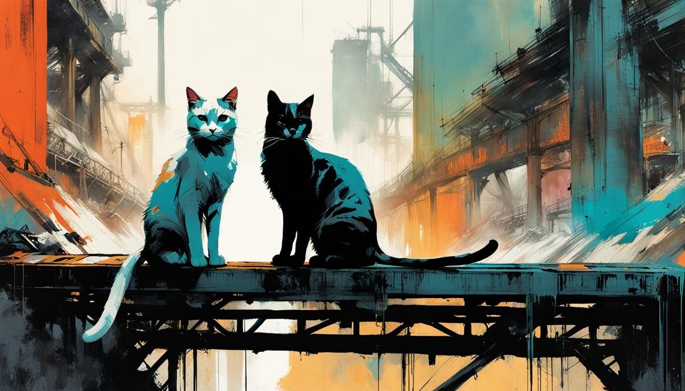 Cyberpunk Cats Perform Under Railway Bridge