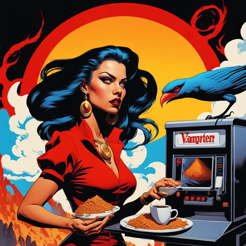 90s Comic Book Vampire Demon in Coffee Shop