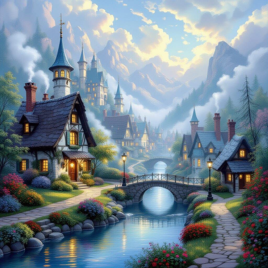 Ethereal Sock Village in a Thomas Kinkade Style