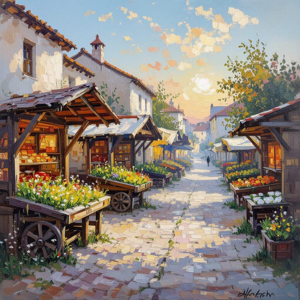 Impasto Painting of Empty Historical Market at Dawn
