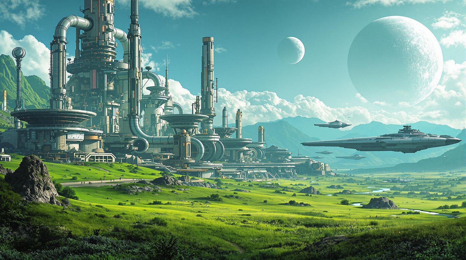 Rebel Space Base on Emerald Planet in Futuristic Sci-Fi Scen...