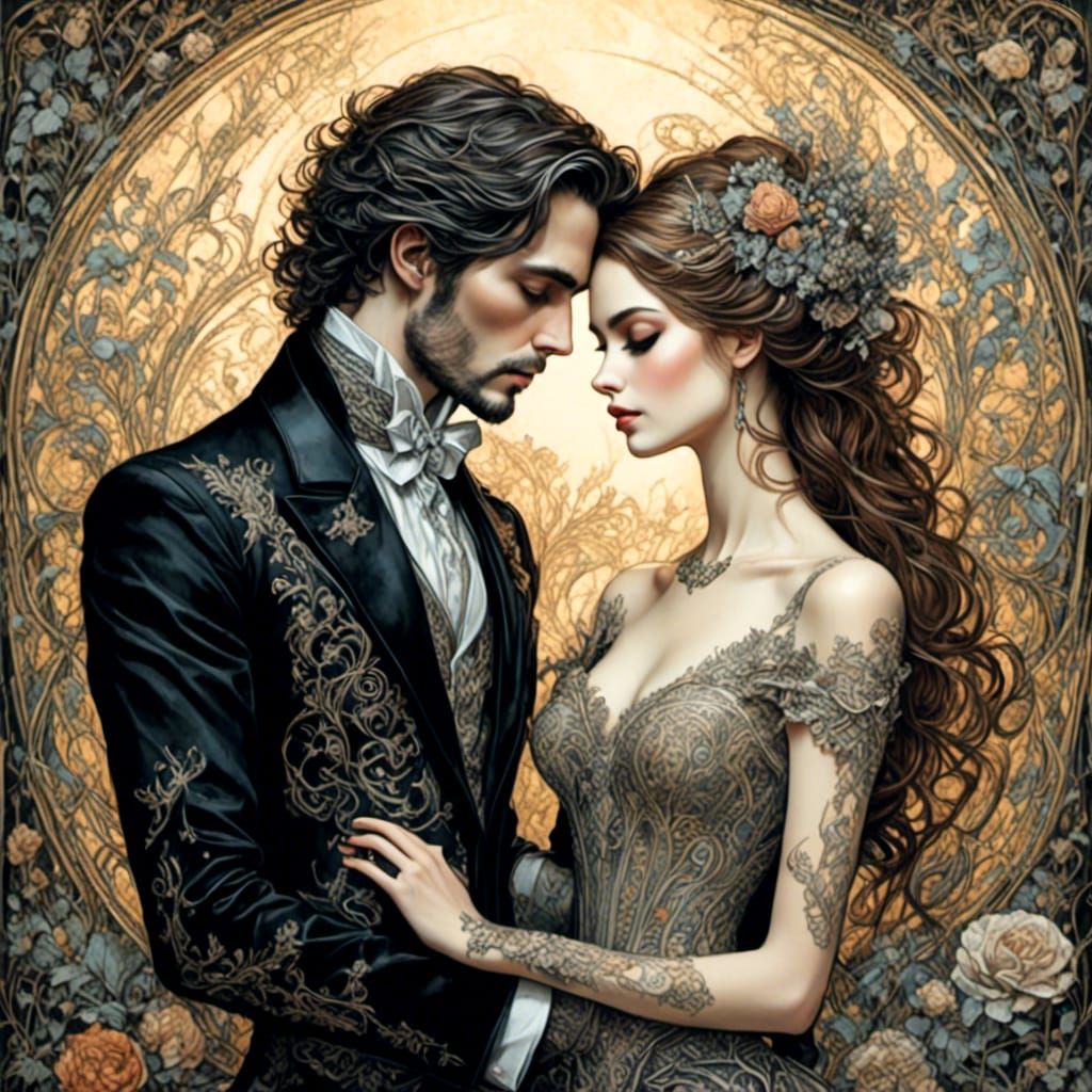 Gothic Couple in Dark Fantasy Watercolor Art