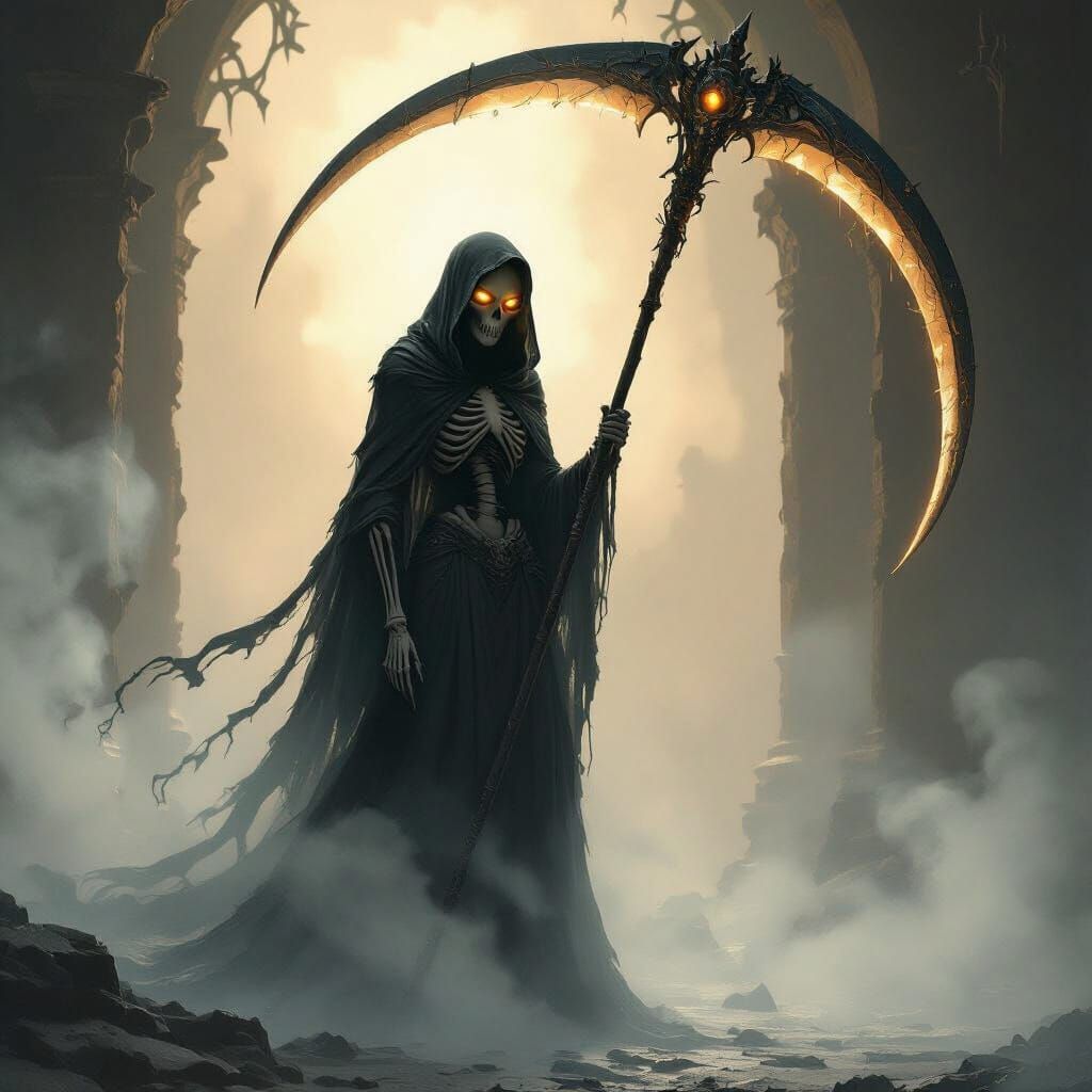 Skeletal Grim Reaper Woman Holding Glowing Scythe