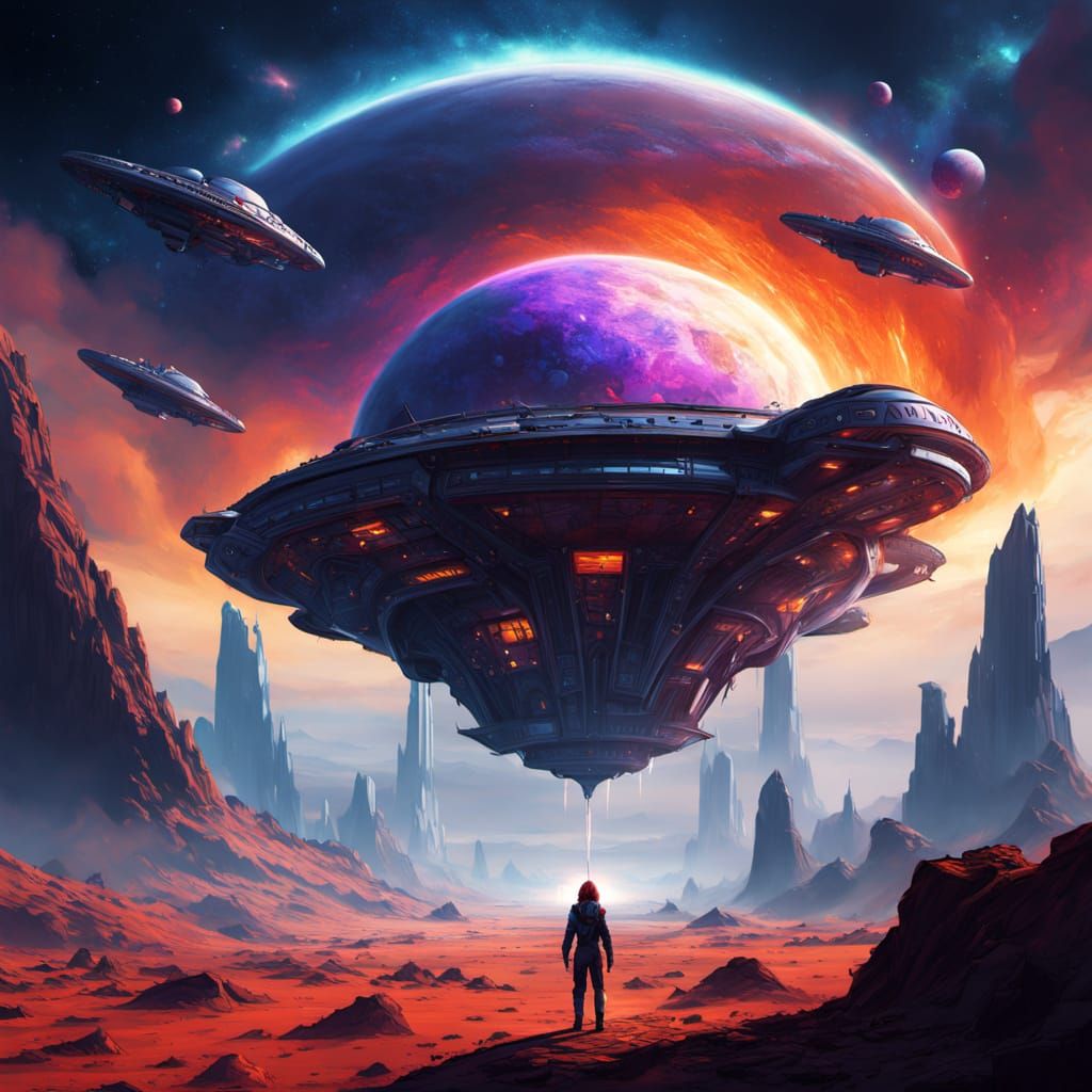 Starfire Escapes Aliens in Cosmic Sci-Fi Concept Art