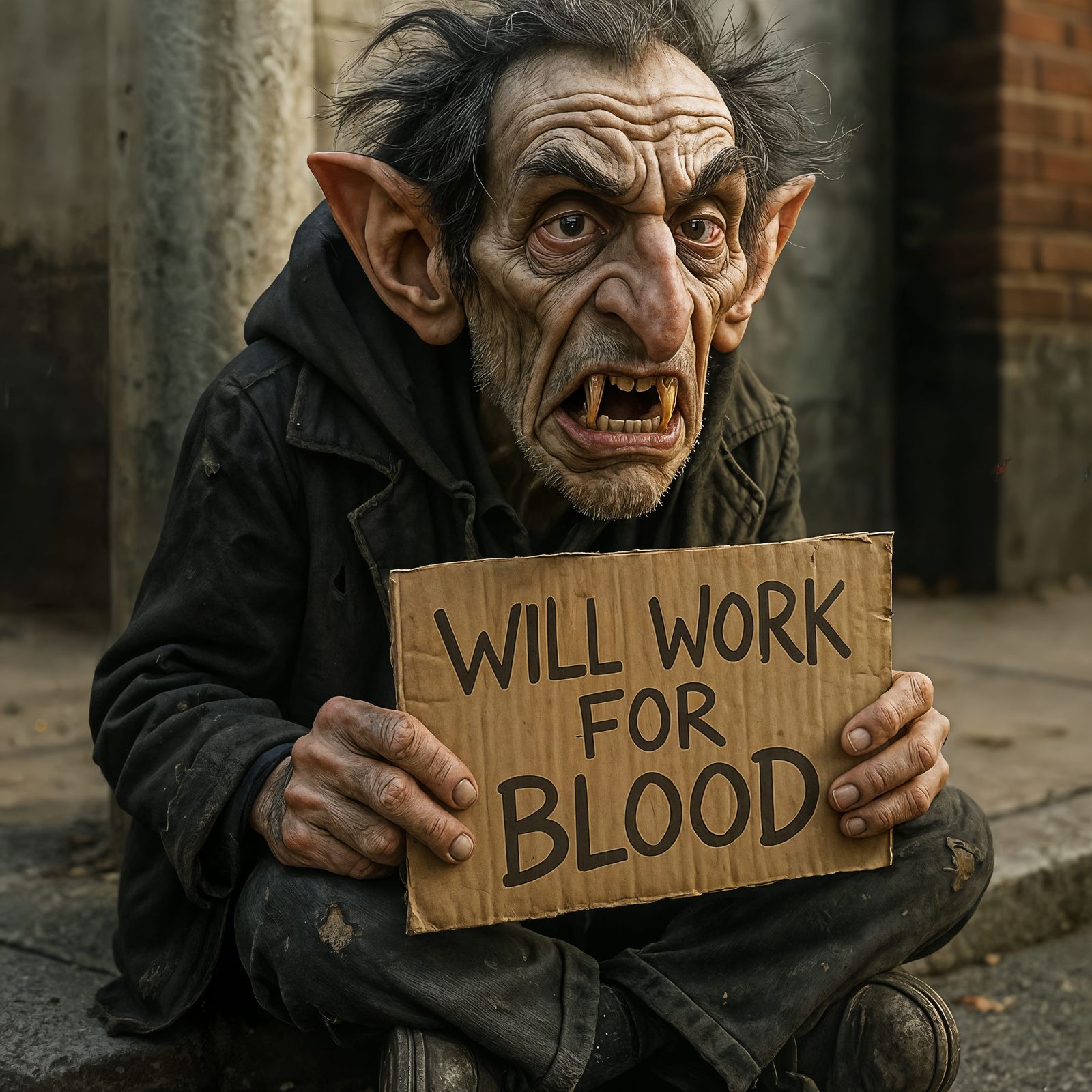Homeless Vampire Caricature Begs for Blood