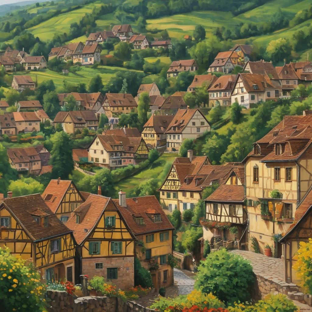 Alsatian Village with Vineyards: Impressionist Oil Painting