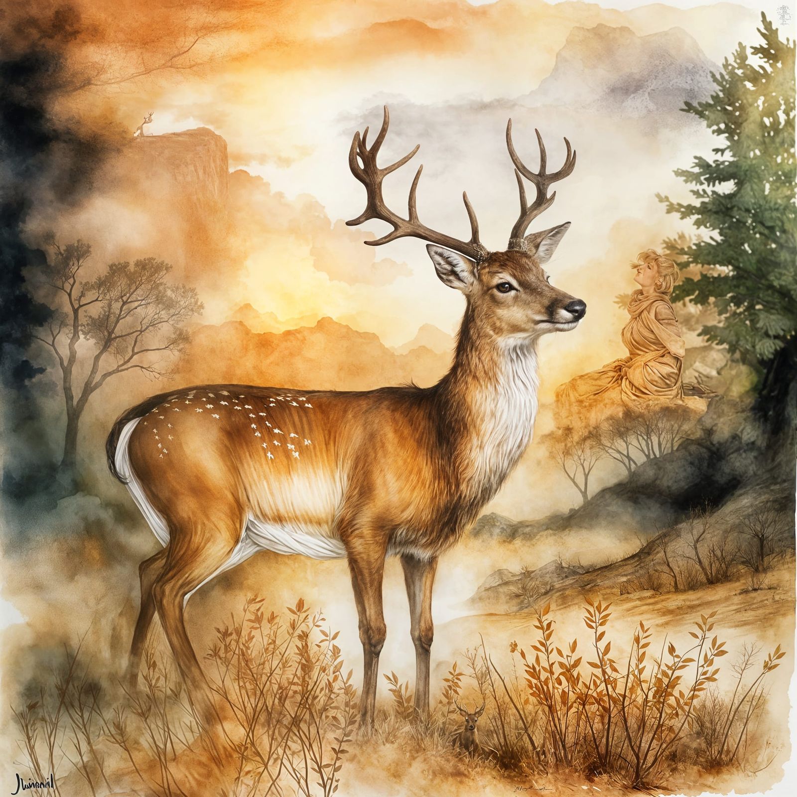 Meditating Deer in Himalayas, Watercolor Art