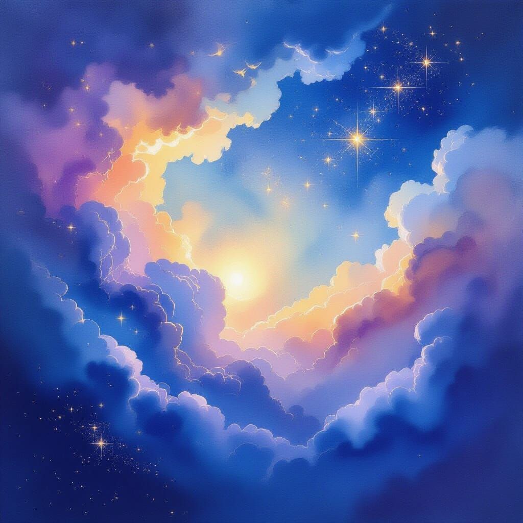 Celestial Cloudscape Watercolor Painting with Vibrant Nebula...