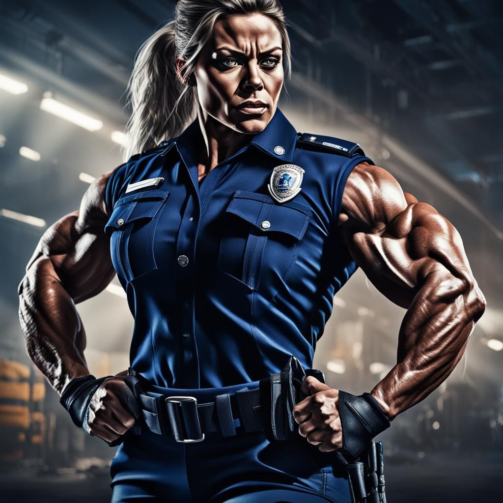 Female Bodybuilder in Police Uniform: Hyper-Realistic Digita...