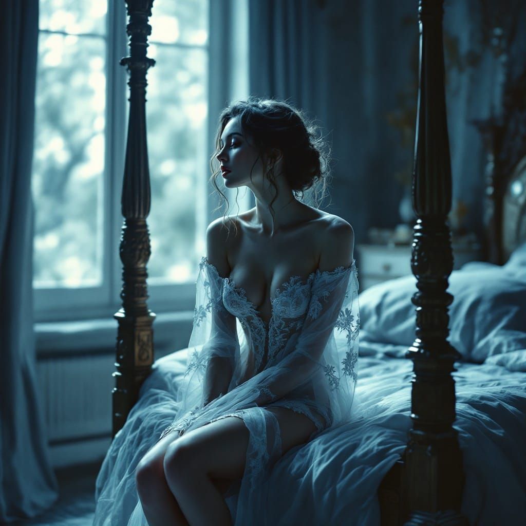 Ethereal Woman in Lace Nightgown, Art Nouveau Style