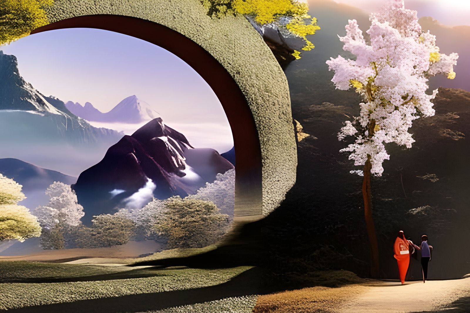 Cinematic Spring Landscape with Blossoms and Couple
