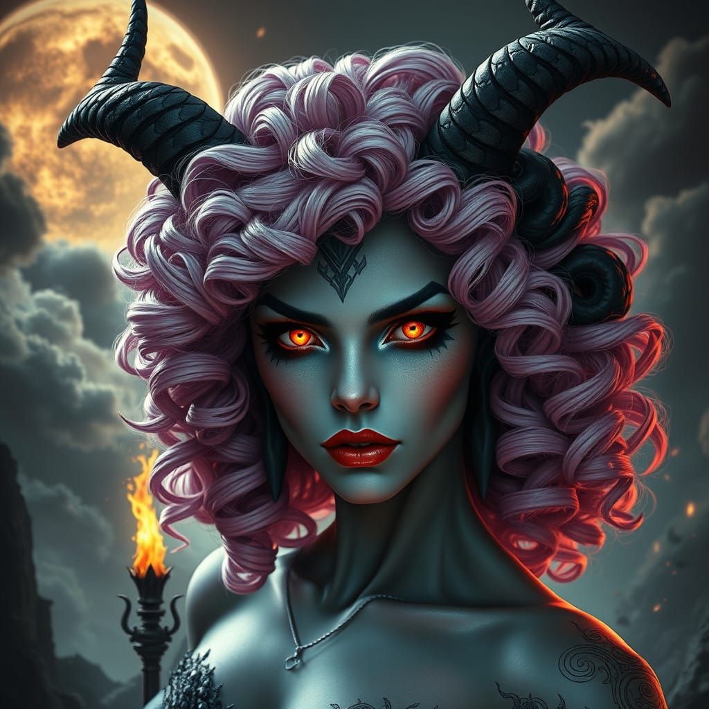 Gothic Goddess with Twisted Horns and Piercing Eyes