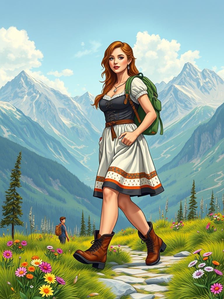 Elegant Woman Hikes through Alpine Landscape in Detailed Com...