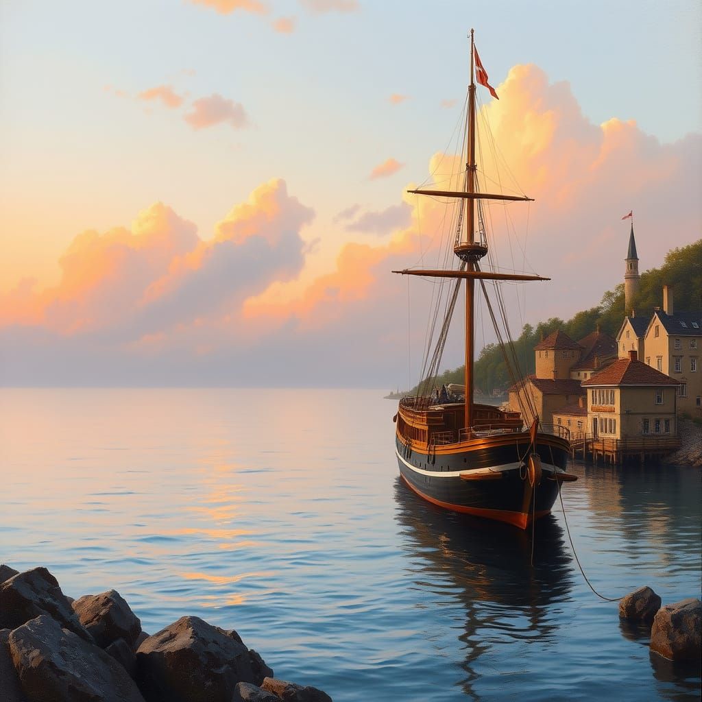 Majestic Ship Anchored in Golden Dusk Near Seaside Village