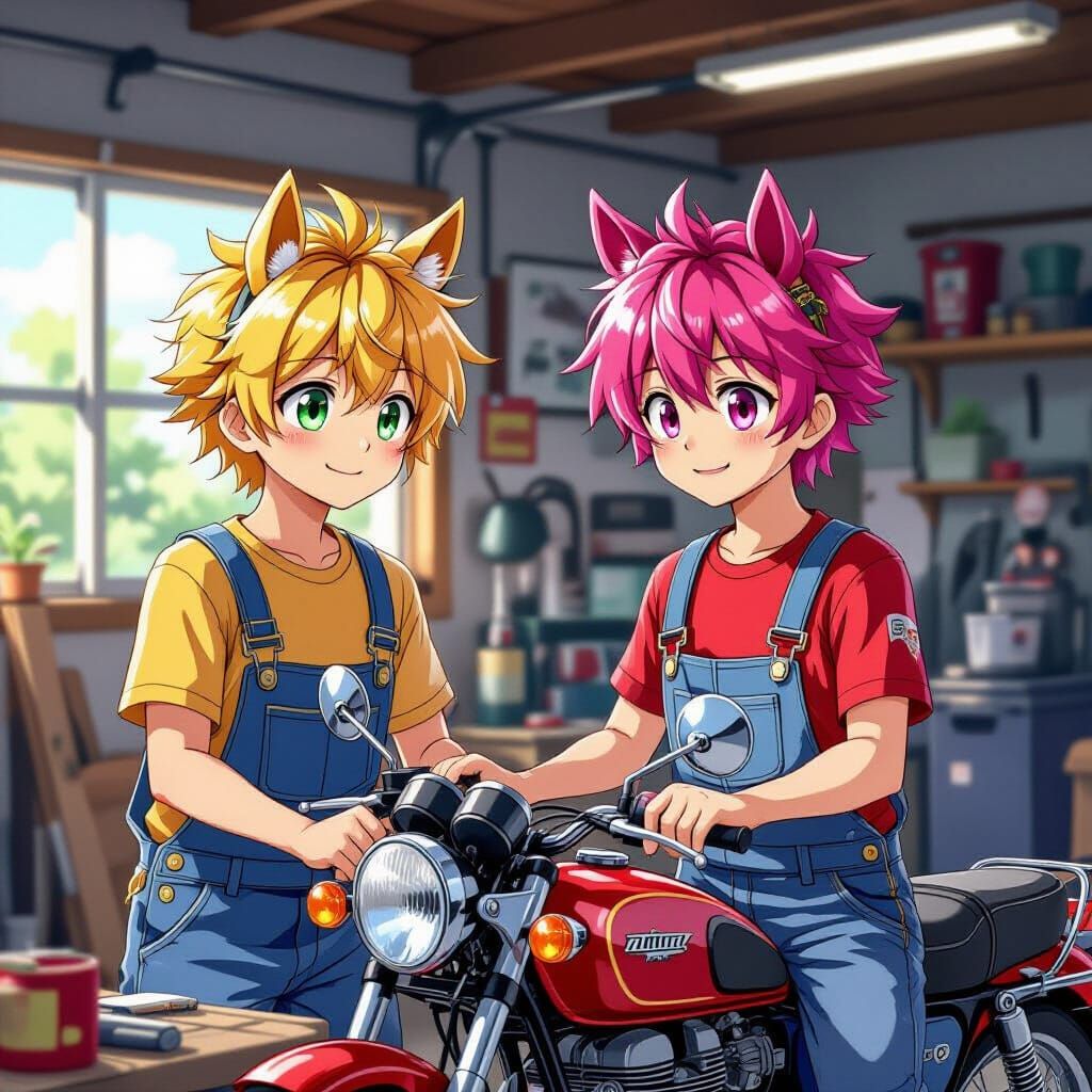 Anime Youths Repairing Motorcycle in Studio Trigger Style