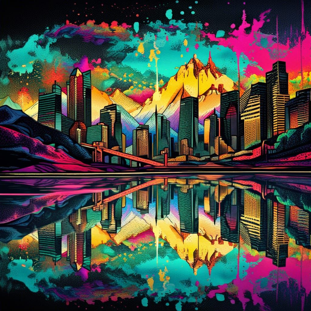 Neon Mountain Skyline Reflection in Retro Graffiti Style