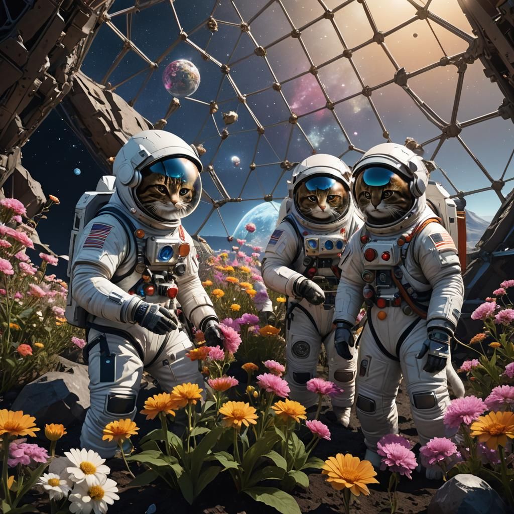 Cats in Spacesuits Tend Lunar Flowers