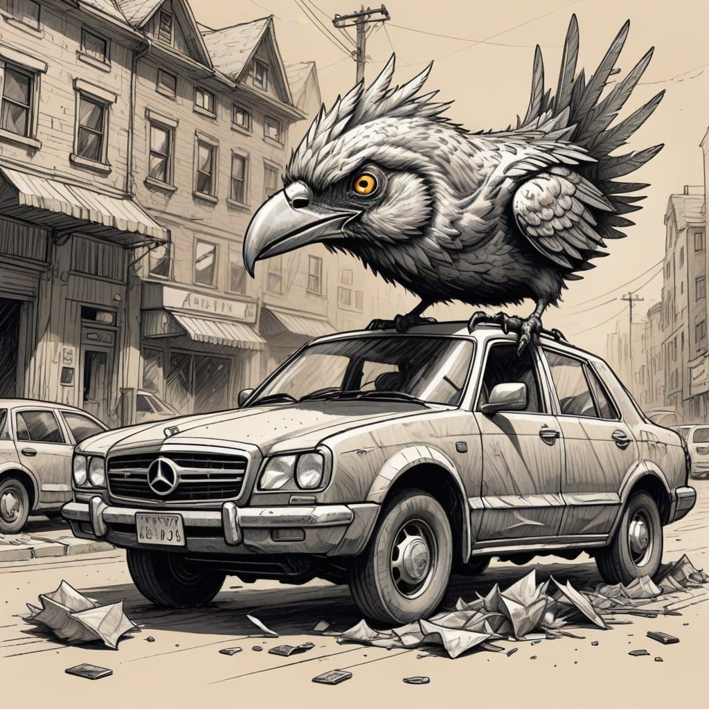 Giant Bird Eats Car: Quirky Pencil Sketch