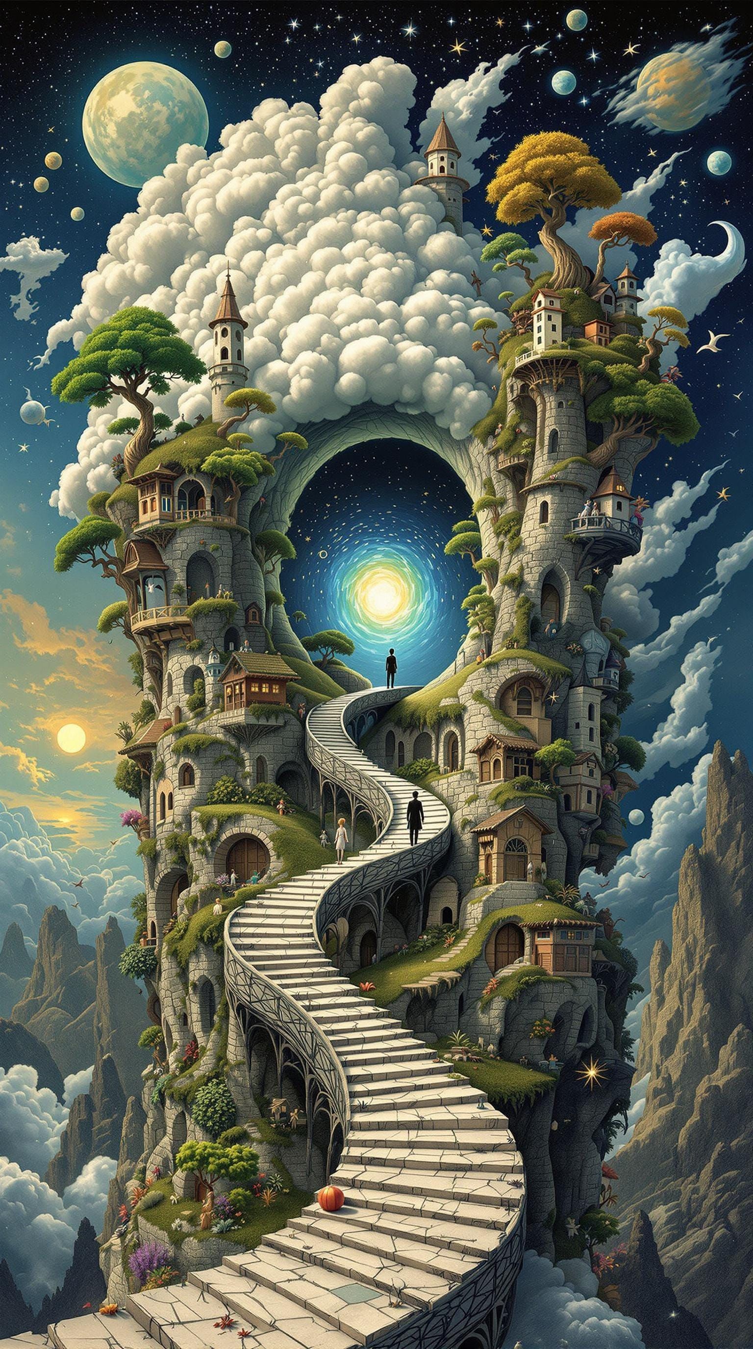 Surreal Escher Village with Bonsai Architecture
