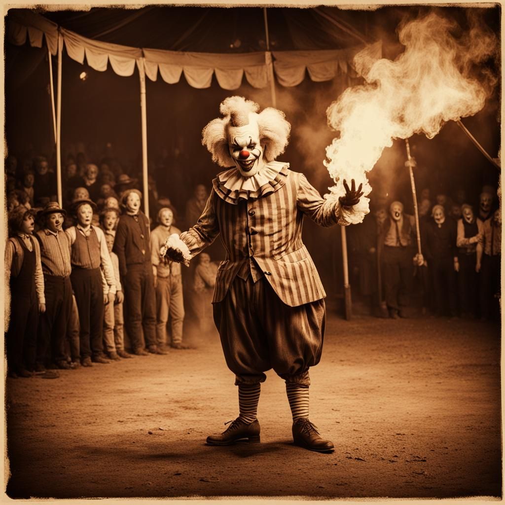 Scary Sepia Clown Performing with Fire