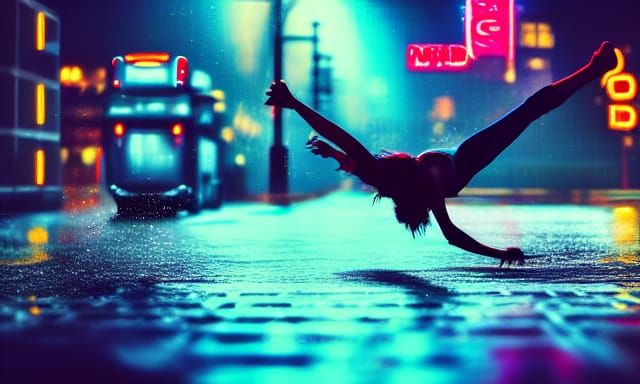 Dynamic Breakdancer in Neon Cityscape