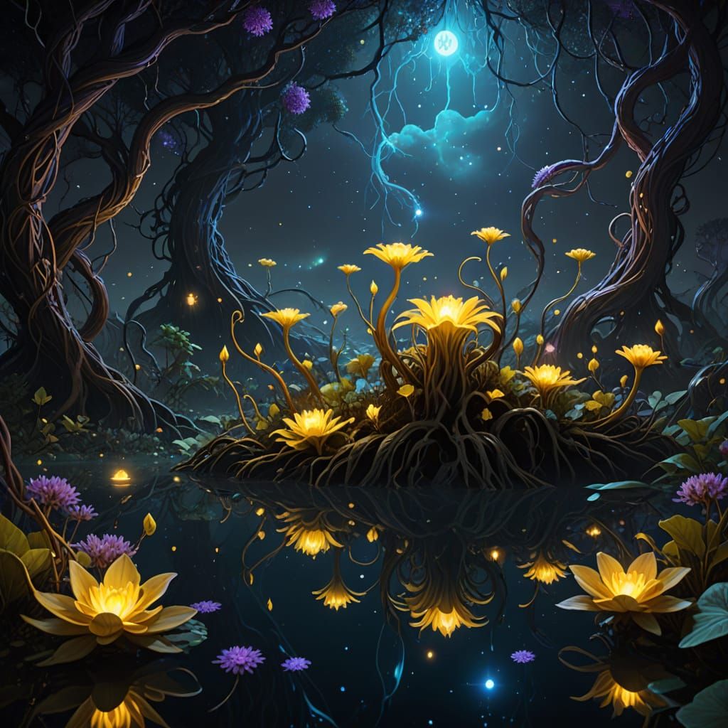 Dark Fantasy Lagoon in Vibrant, Ethereal Colors