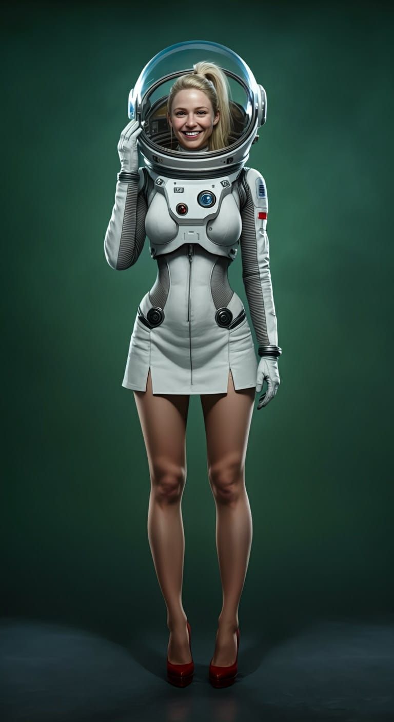 Blonde Woman in White Spacesuit Smiles on Green Background