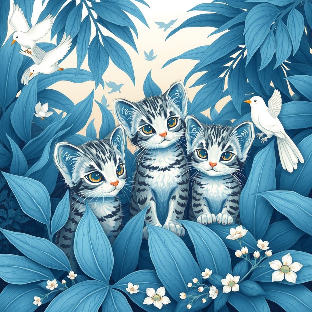 Blue Kittens in Tropical Foliage Illustration