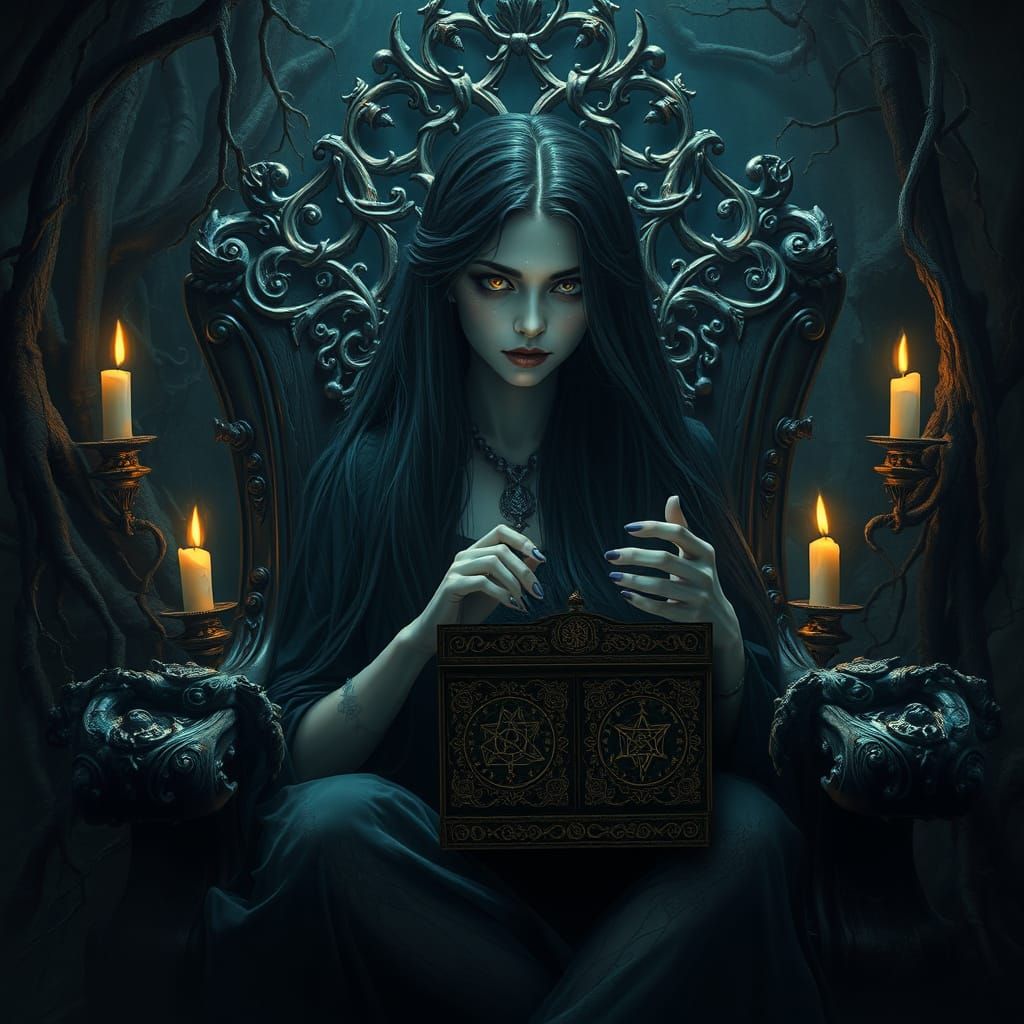 Ethereal Queen of Shadows, Oil Painting with Gold Accents