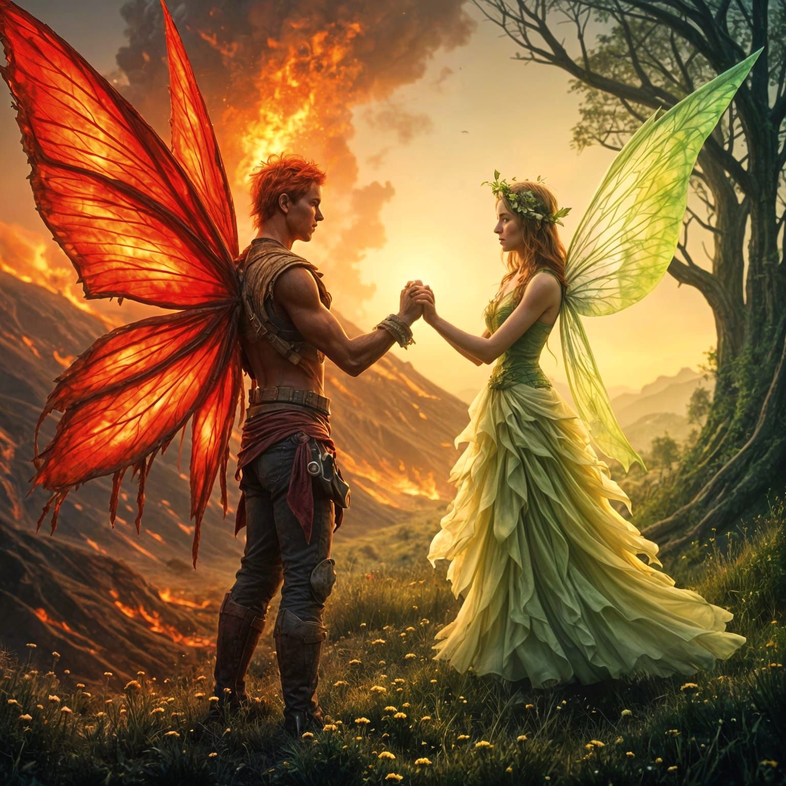 Fire and Wood Fairies Meet in Meadow