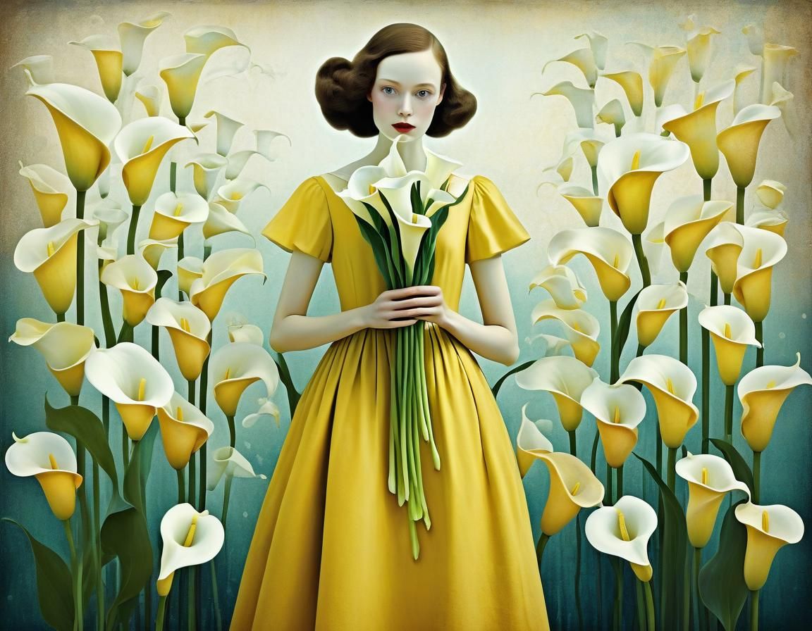 Woman in Yellow Dress with Lilies, Fairytale Portrait
