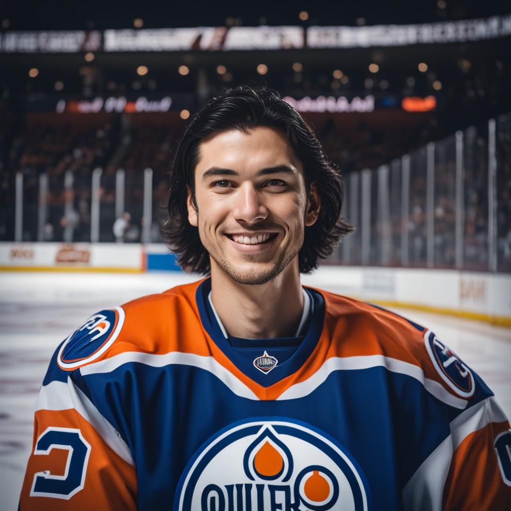 Young Man in Oilers Jersey Smiling at Camera