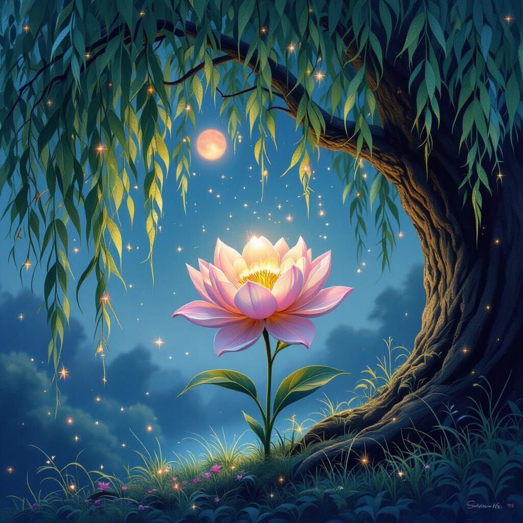 Enchanted Willow Tree Under Red Moon