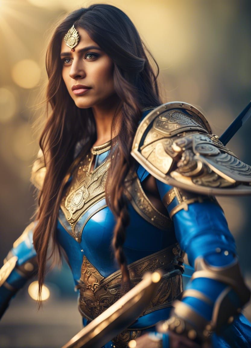 Indian Warrior Queen in Blue and Gold Armor