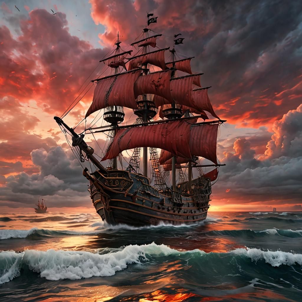 Epic Pirate Ship at Sunset on Stormy Sea