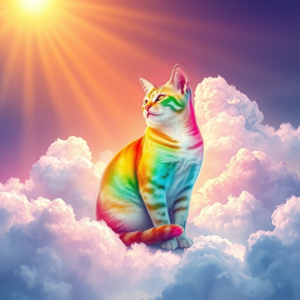 Whimsical Rainbow Cat in Dreamy, Surrealistic Clouds