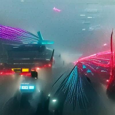 Cyberpunk Traffic Through Foggy Windshield in Neon City