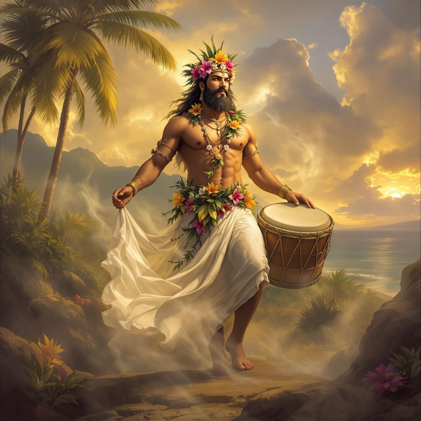 Lono, Hawaiian God of Peace and Music, in Golden Light Oil P...