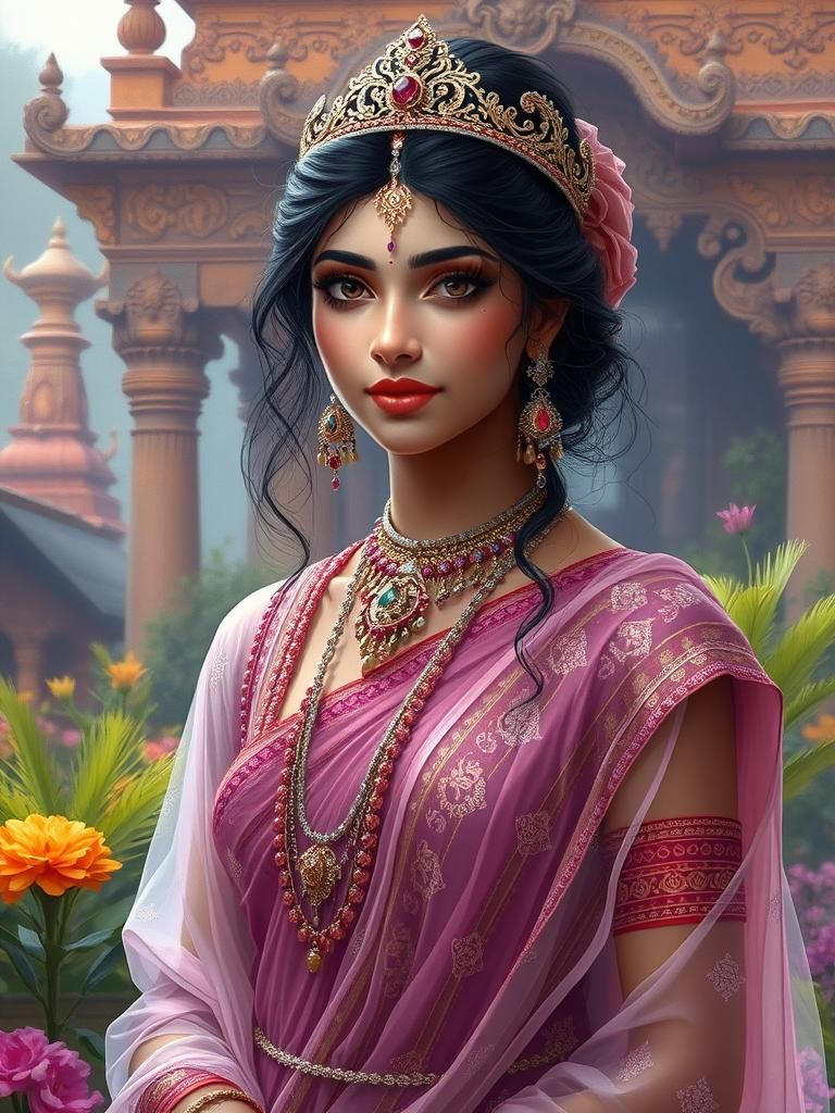 Elegant Hindu Woman in Ancient Temple Garden