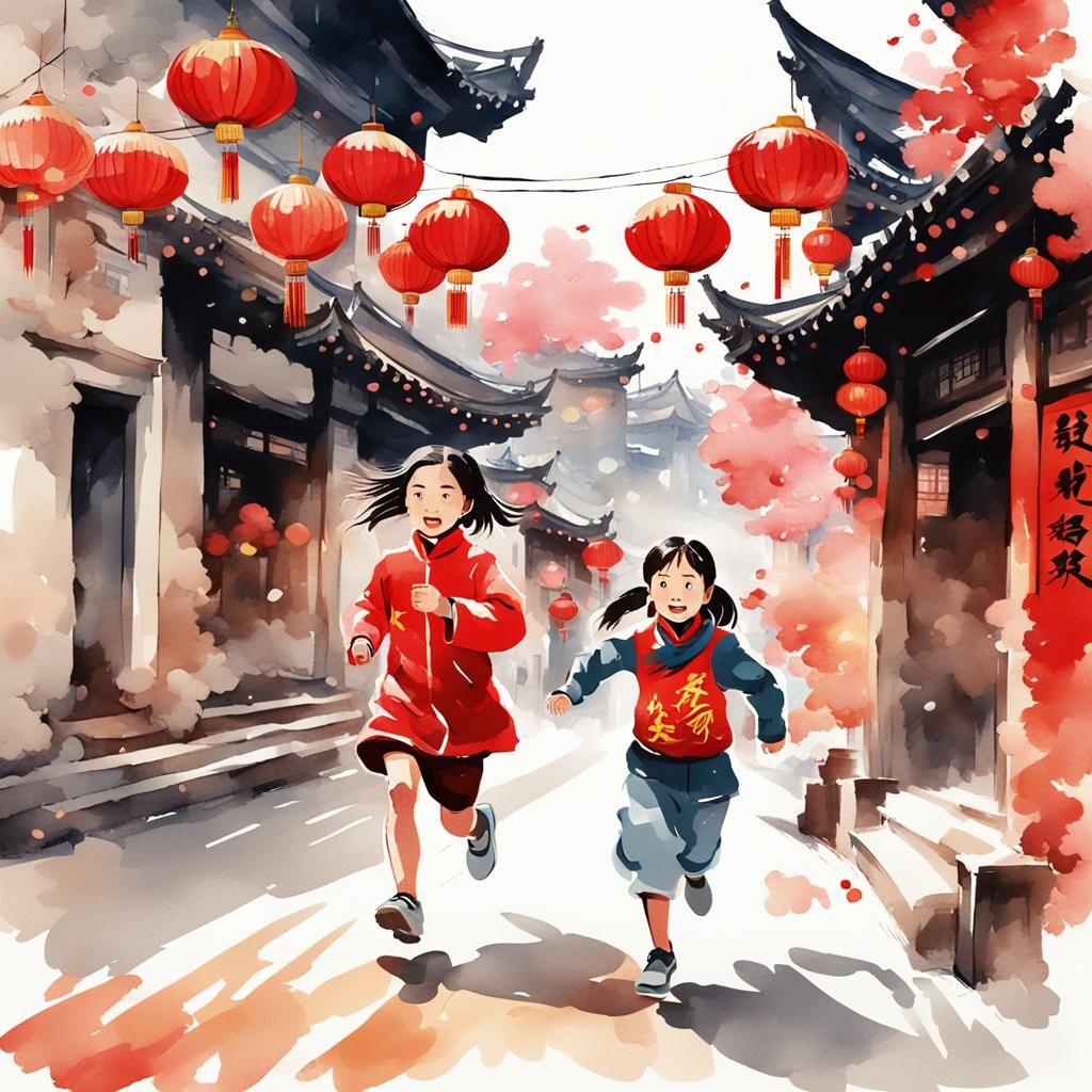 Girl Celebrates Chinese New Year in Watercolor Style