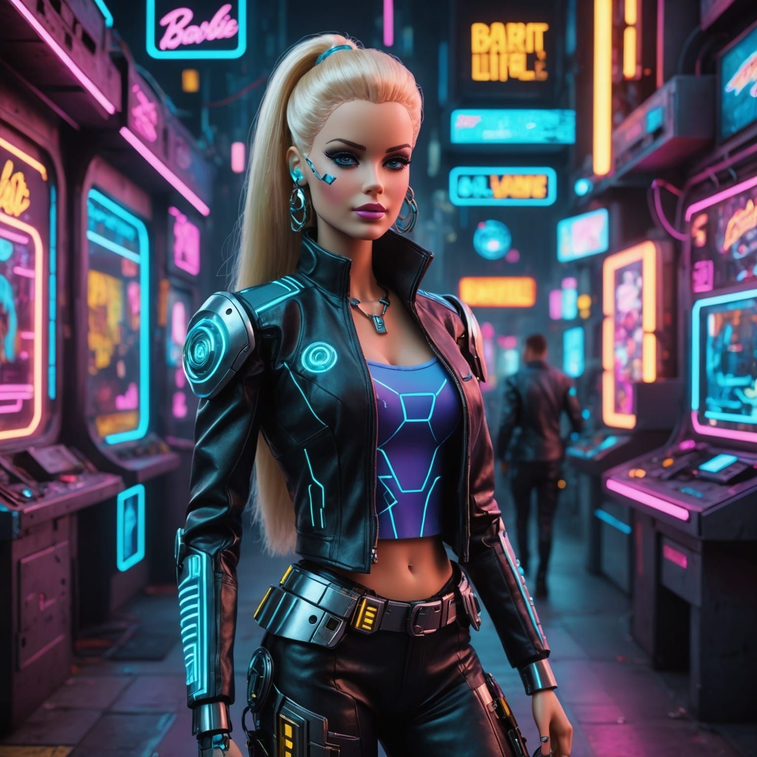Cyberpunk Barbie Mercenary in Retrofuturistic City