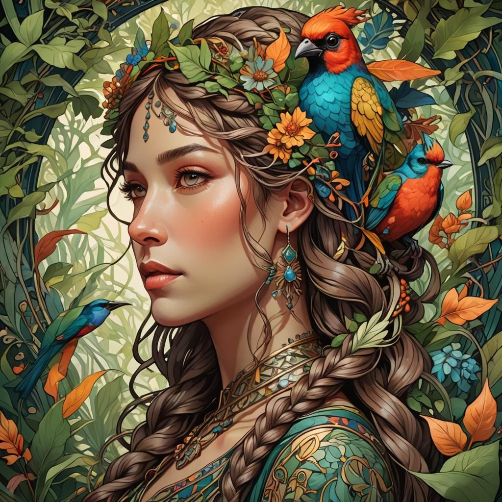 Art Nouveau Portrait: Girl with Bird Tail Braids